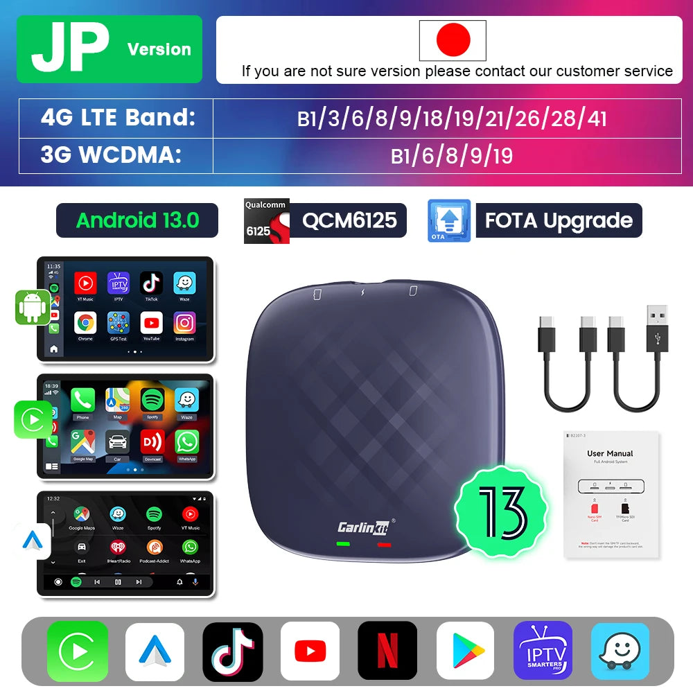 Carlinkit CarPlay Ai TV Box Plus Android13 8 + 128GB QCM 8-Core 665 6125 Wireless CarPlay Android Auto لـ Youtube Netflix 4G LTE