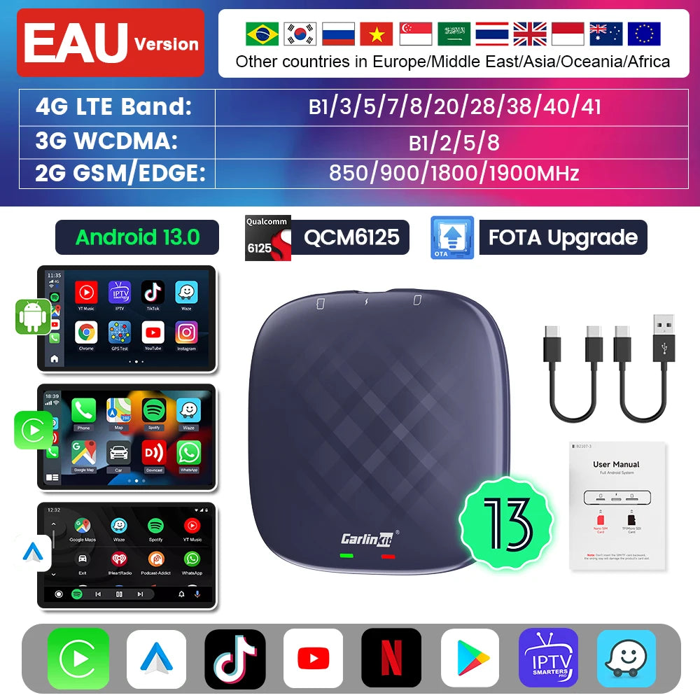 Carlinkit CarPlay Ai TV Box Plus Android13 8 + 128GB QCM 8-Core 665 6125 Wireless CarPlay Android Auto لـ Youtube Netflix 4G LTE