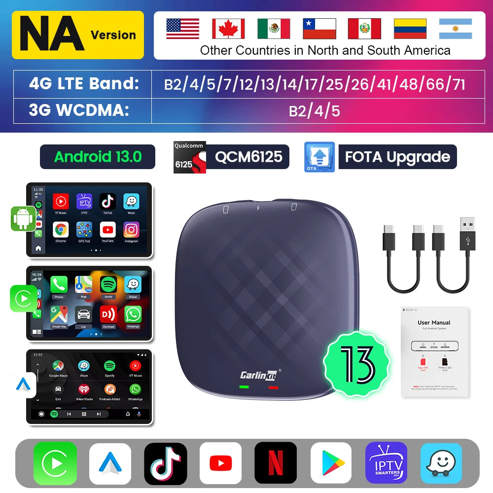 Carlinkit CarPlay Ai TV Box Plus Android13 8 + 128GB QCM 8-Core 665 6125 Wireless CarPlay Android Auto لـ Youtube Netflix 4G LTE